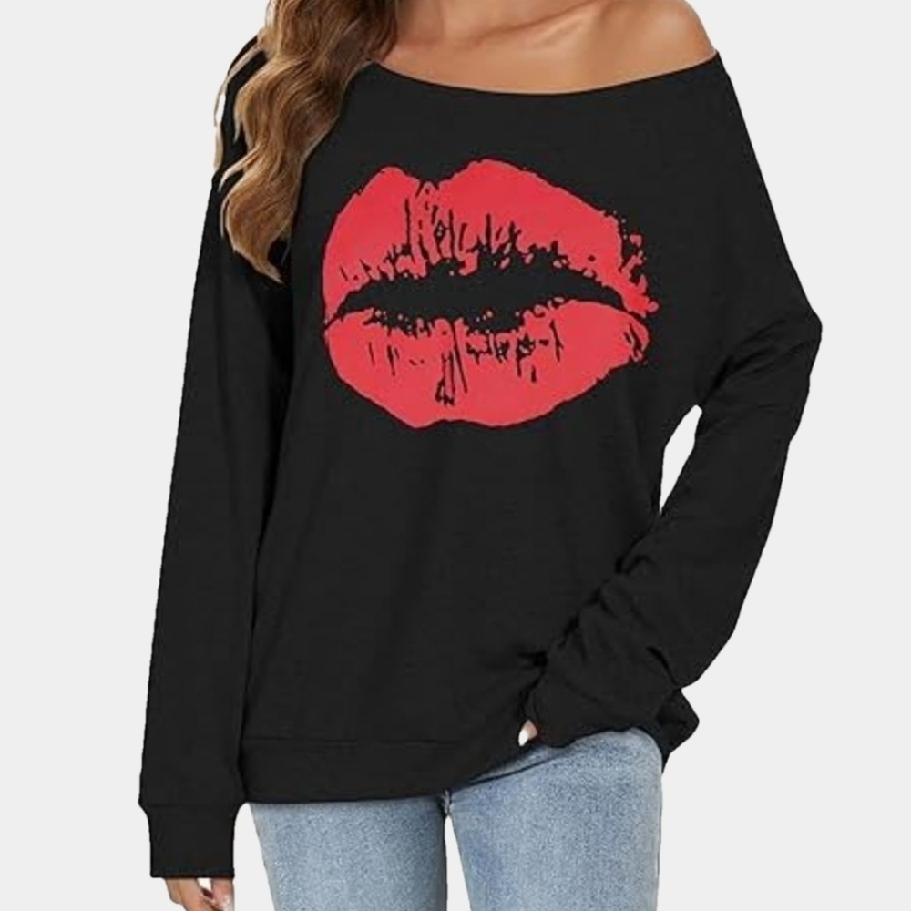 MagicMK Off The Shoulder Long Sleeve Black W/ Red Lips Graphics Pullover Size M